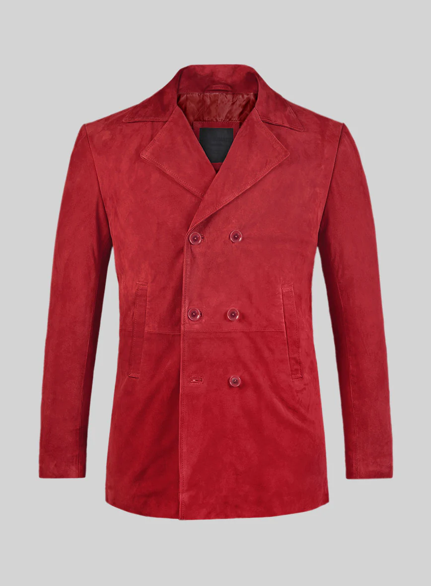 Lava Red Suede Leather Pea Coat