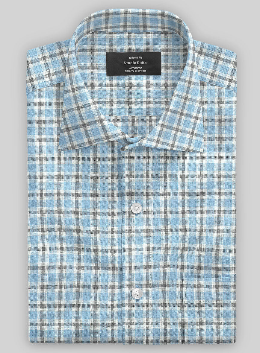 Light Blue Checks Linen Shirt - Image 2