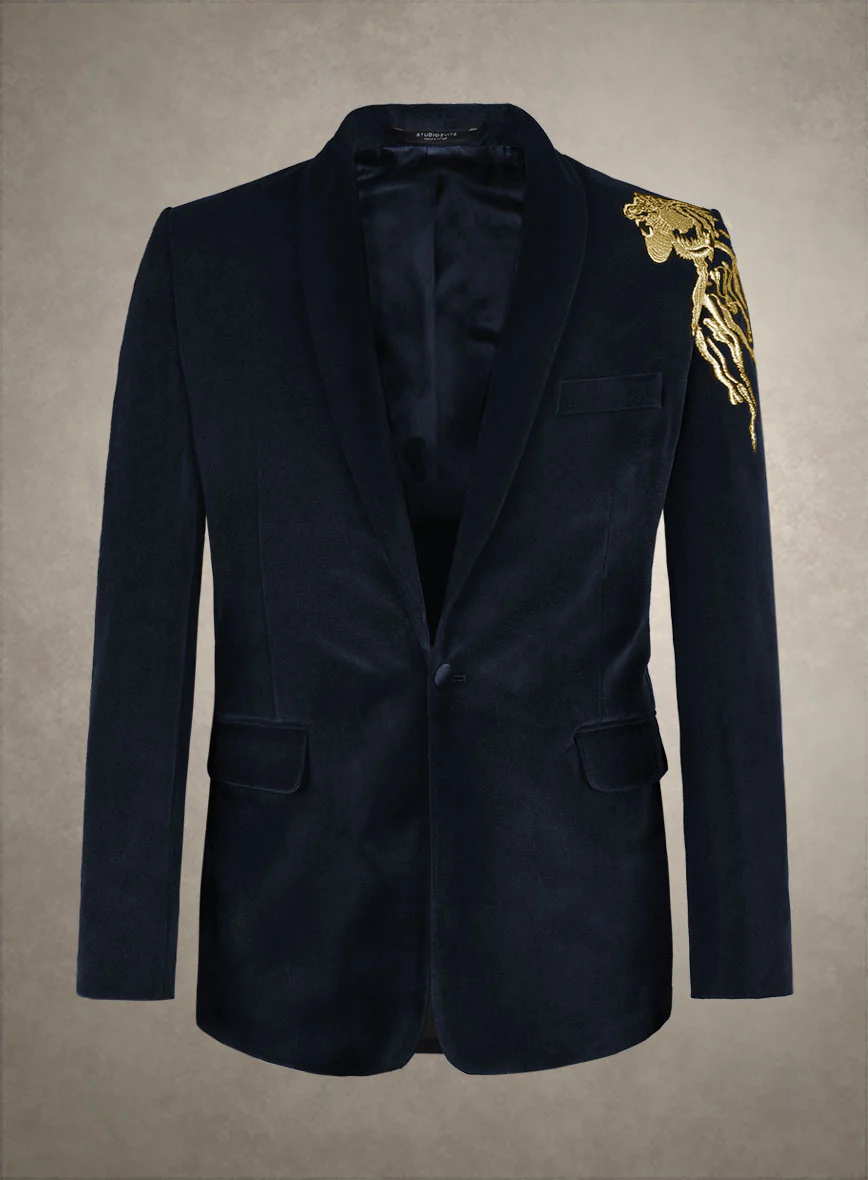 Lion Embroidery Blue Velvet Blazer