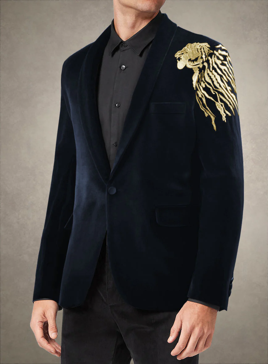 Lion Embroidery Blue Velvet Blazer - Image 3