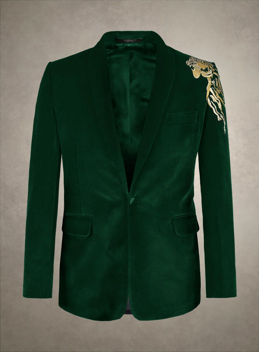 Lion Embroidery Royal Green Velvet Blazer