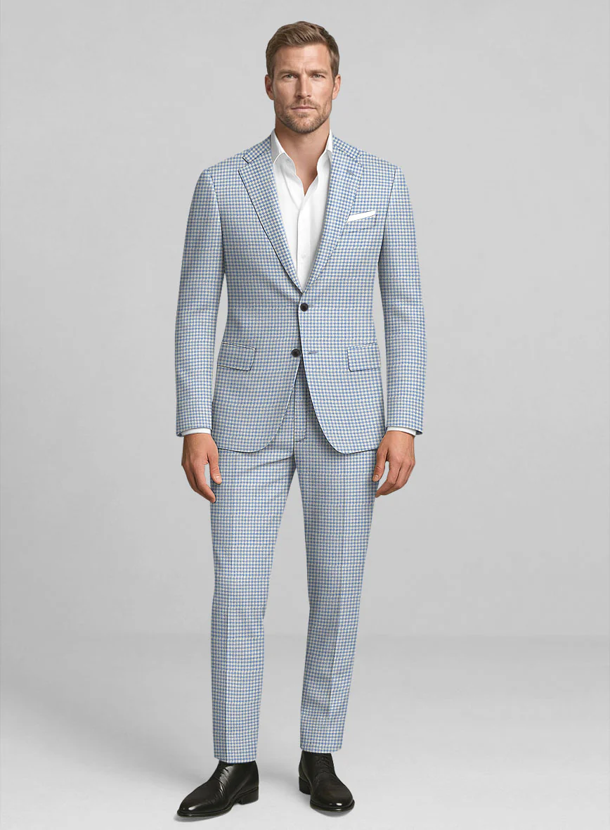 London Loom Azure Houndstooth Wool Silk Linen Suit