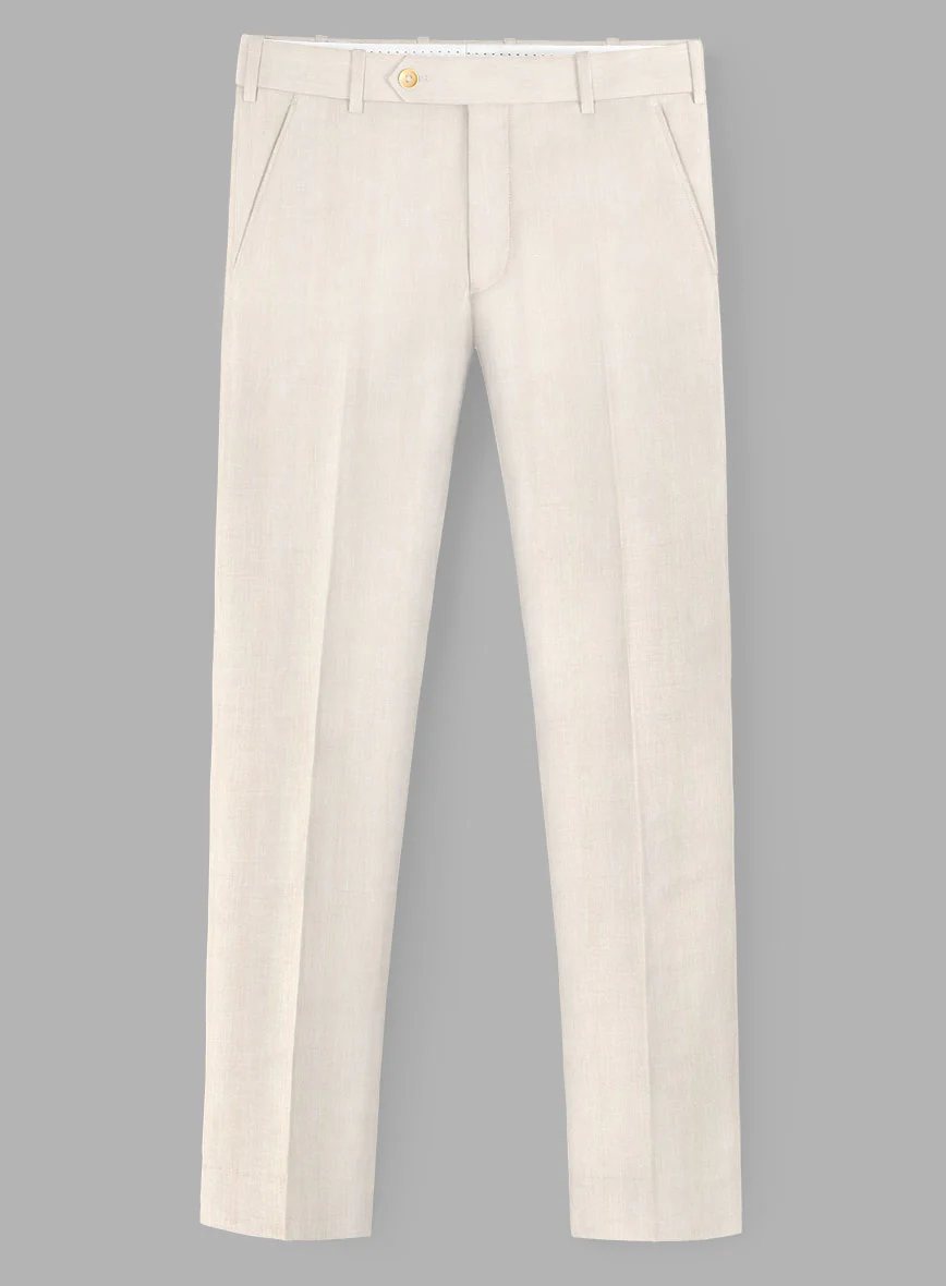London Loom Beige Herringbone Wool Silk Linen Pants
