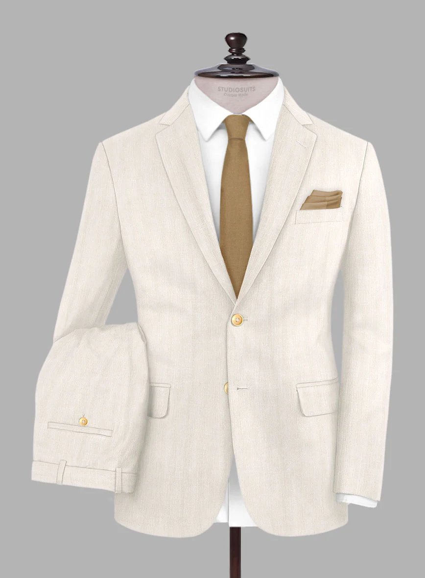 London Loom Beige Herringbone Wool Silk Linen Suit - Image 2