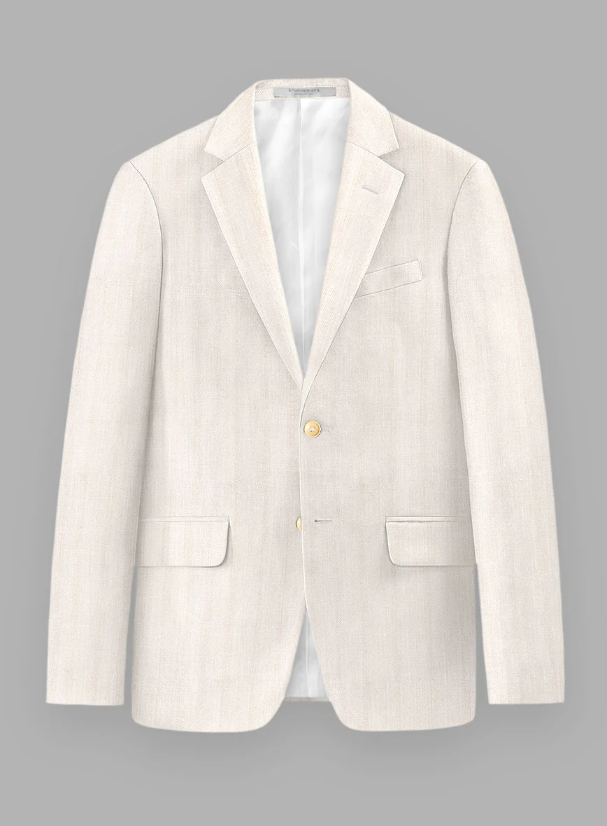 London Loom Beige Herringbone Wool Silk Linen Suit - Image 5