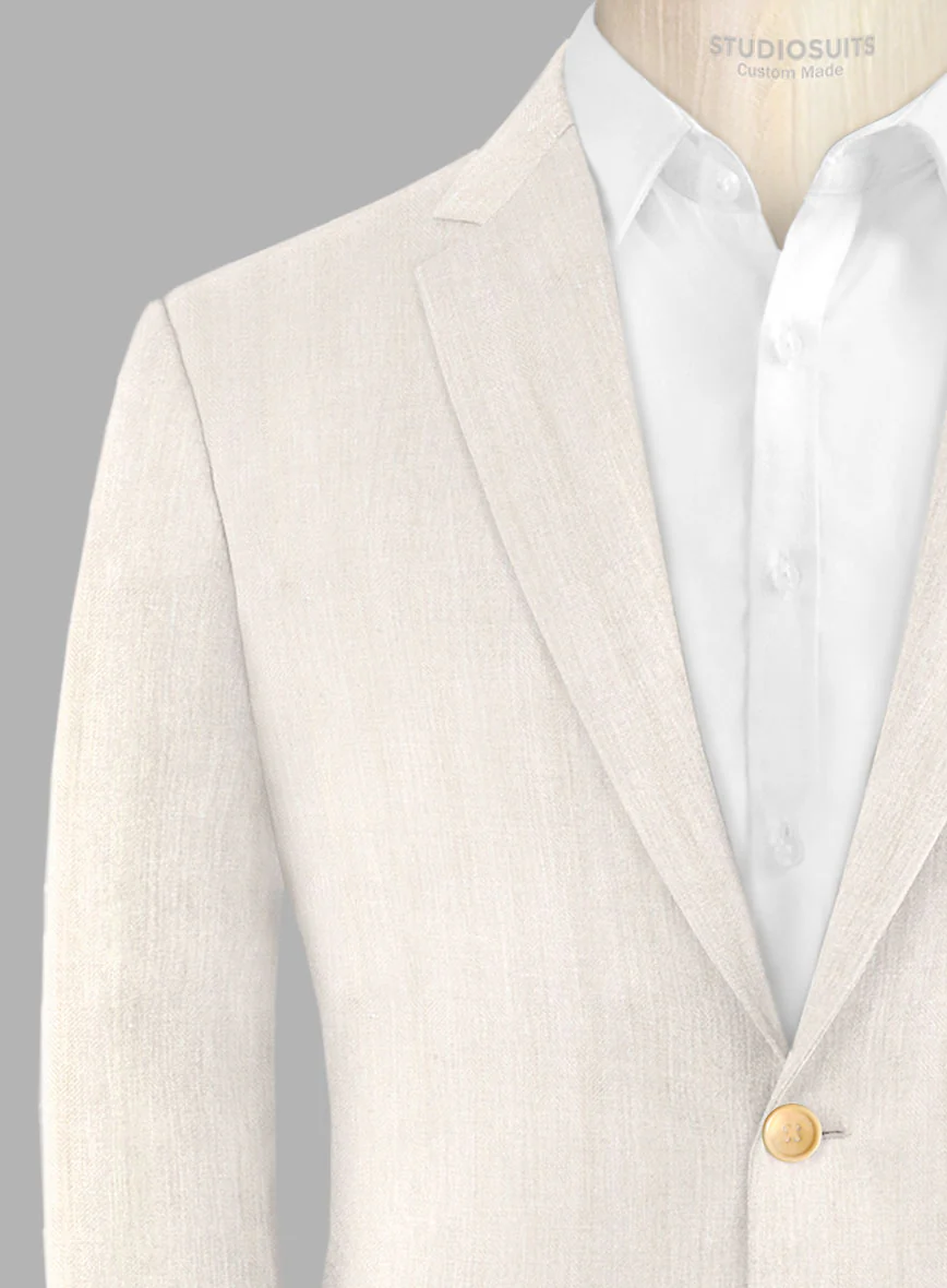 London Loom Beige Herringbone Wool Silk Linen Suit - Image 6