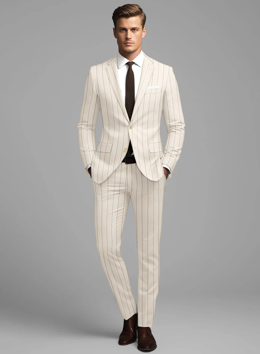 London Loom Beige Stripe Wool Silk Linen Suit