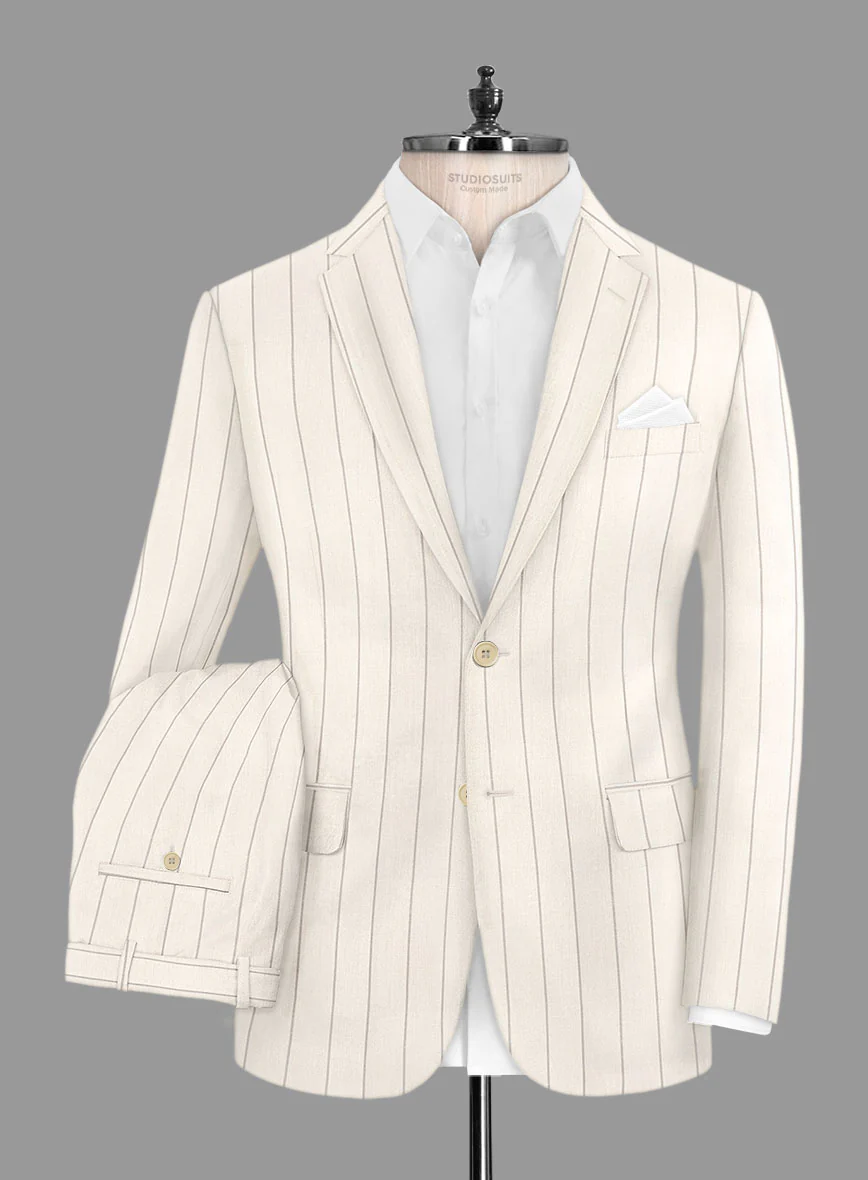 London Loom Beige Stripe Wool Silk Linen Suit - Image 2