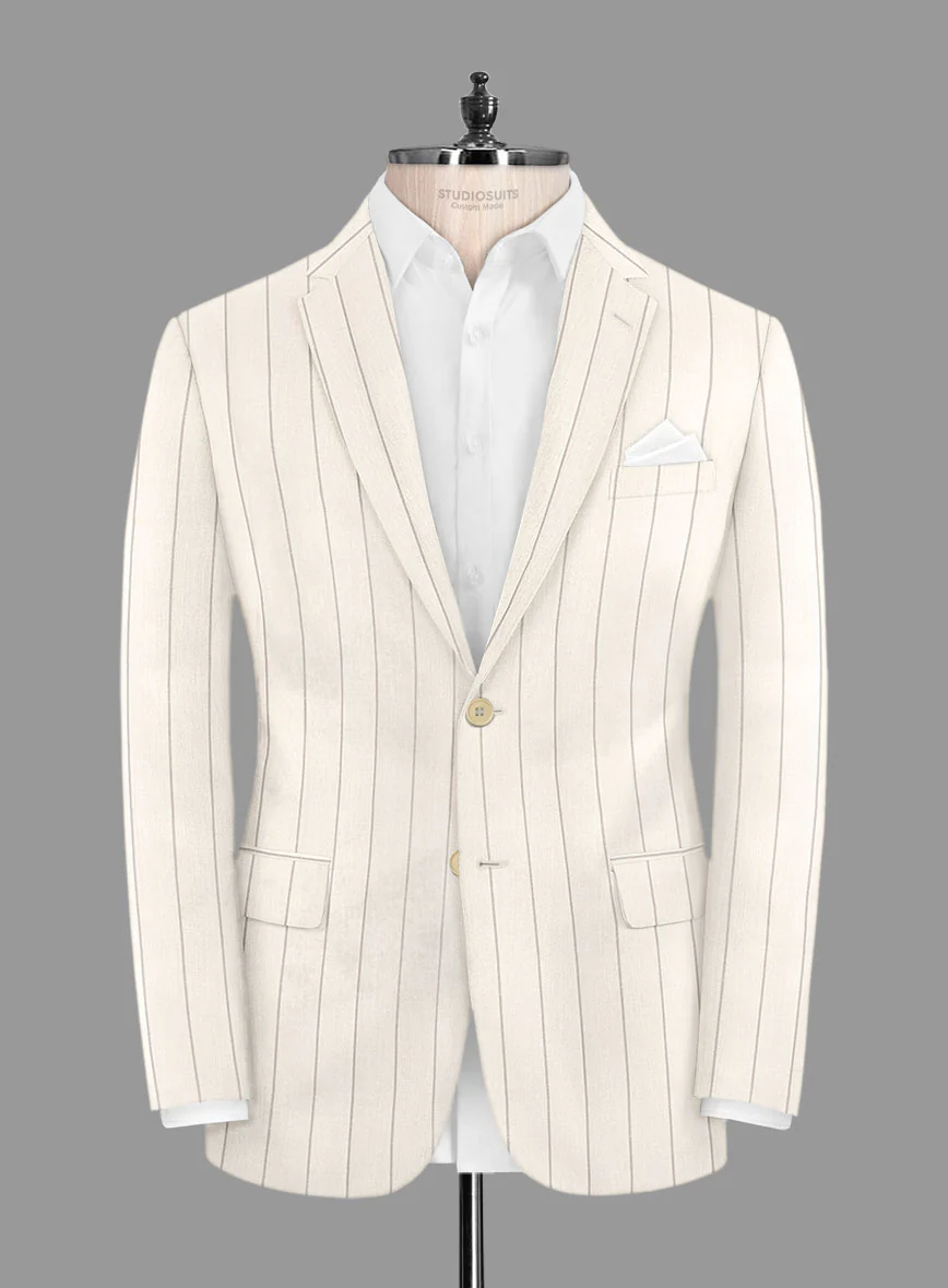London Loom Beige Stripe Wool Silk Linen Suit - Image 4
