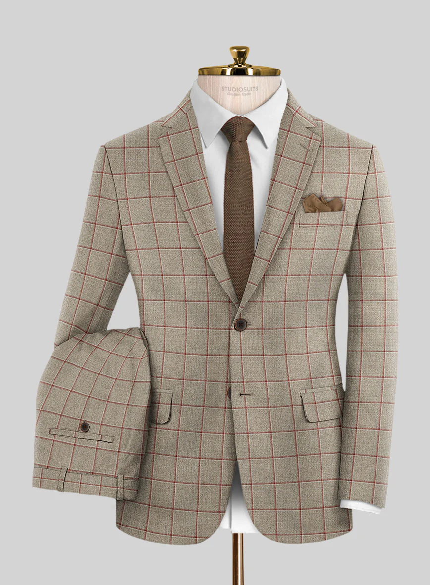 London Loom Beige Windowpane Wool Silk Linen Suit - Image 2