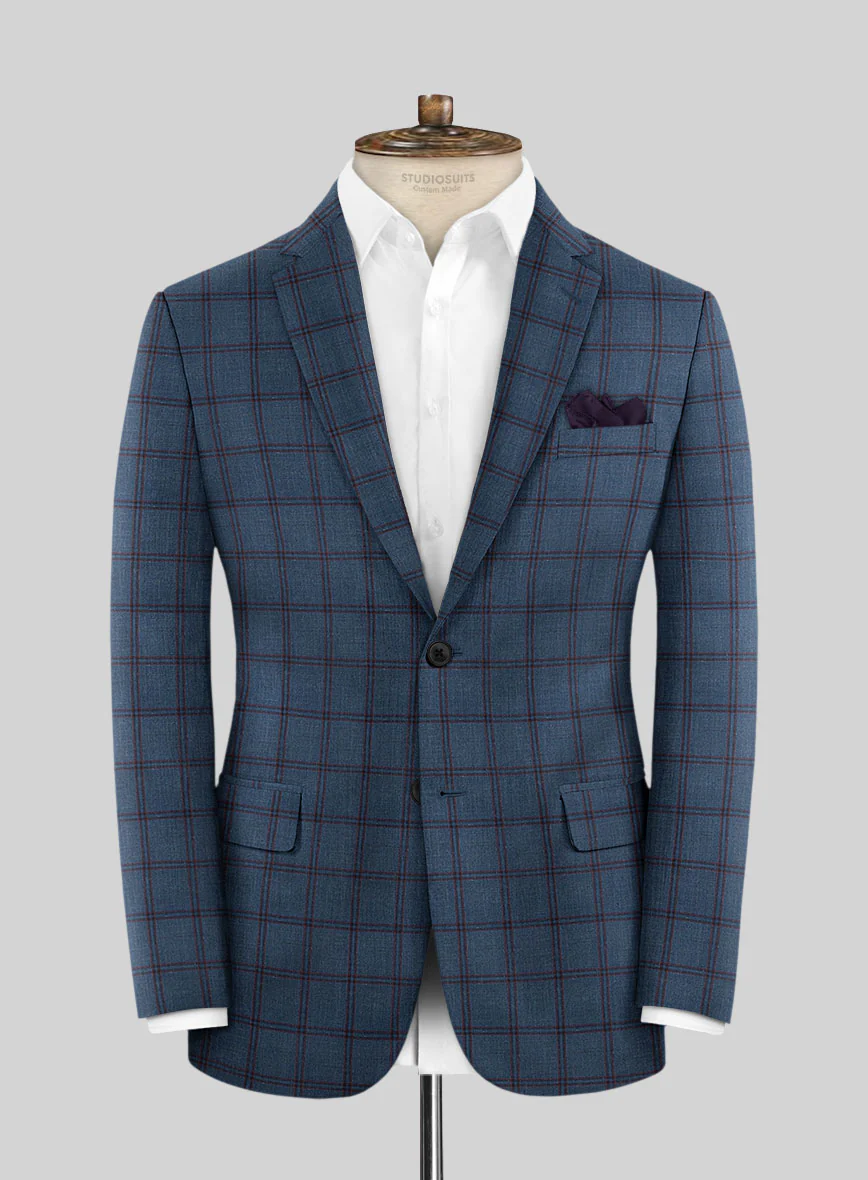London Loom Blue Check Wool Silk Linen Suit - Image 5
