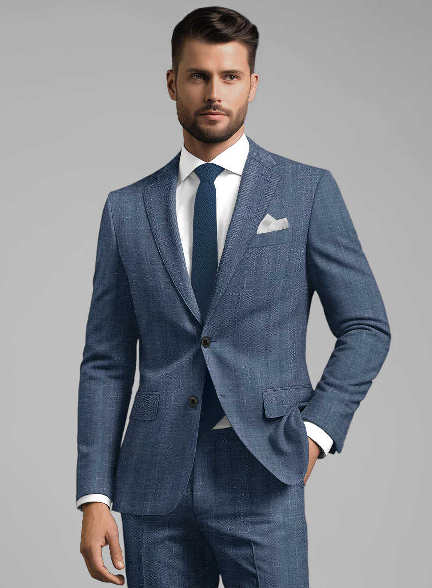 London Loom Blue Herringbone Wool Silk Linen Suit - Image 3
