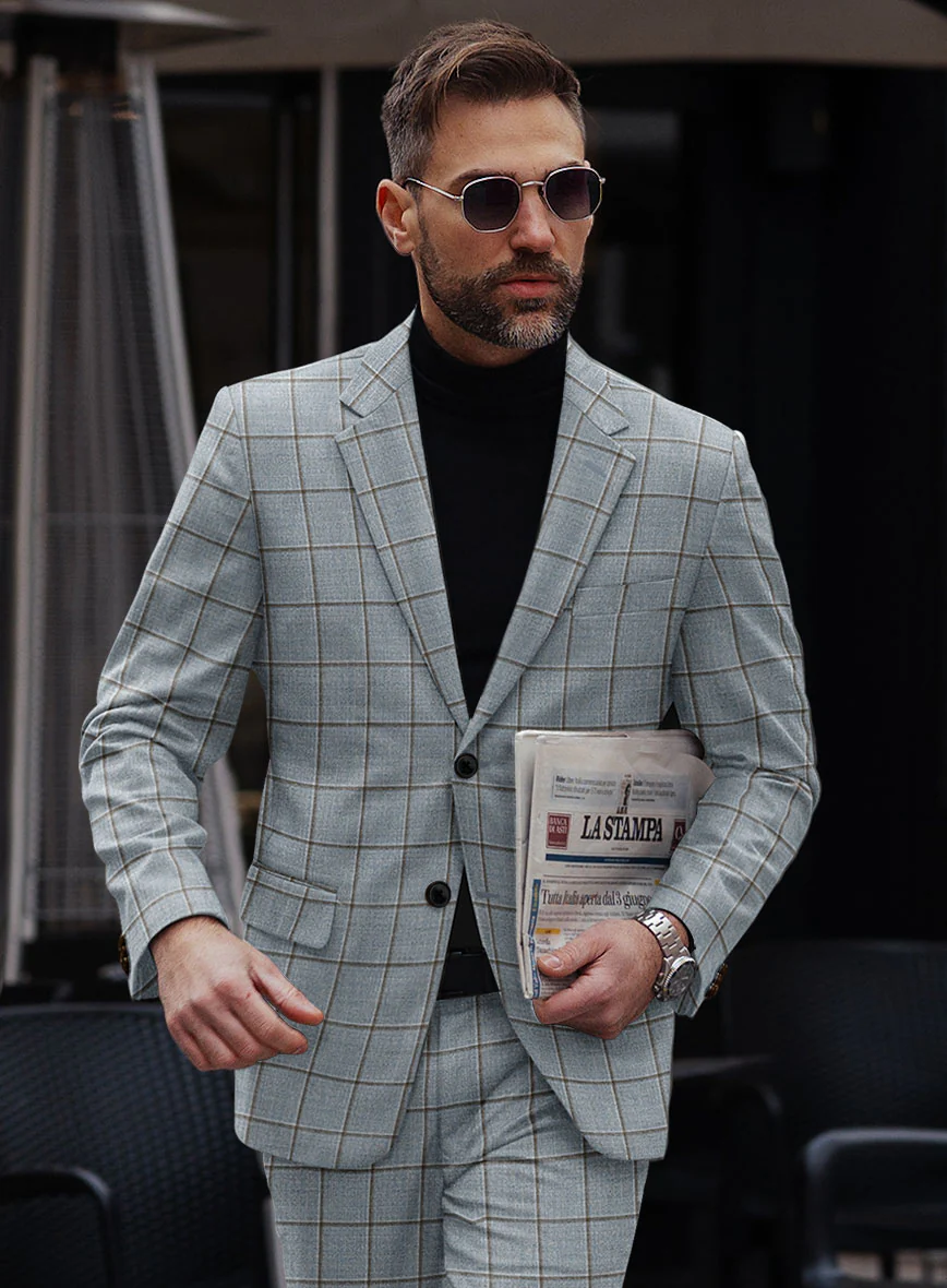 London Loom Blue Windowpane Wool Silk Linen Jacket - Image 2