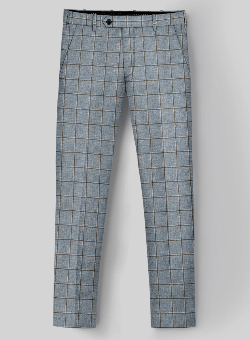 London Loom Blue Windowpane Wool Silk Linen Pants