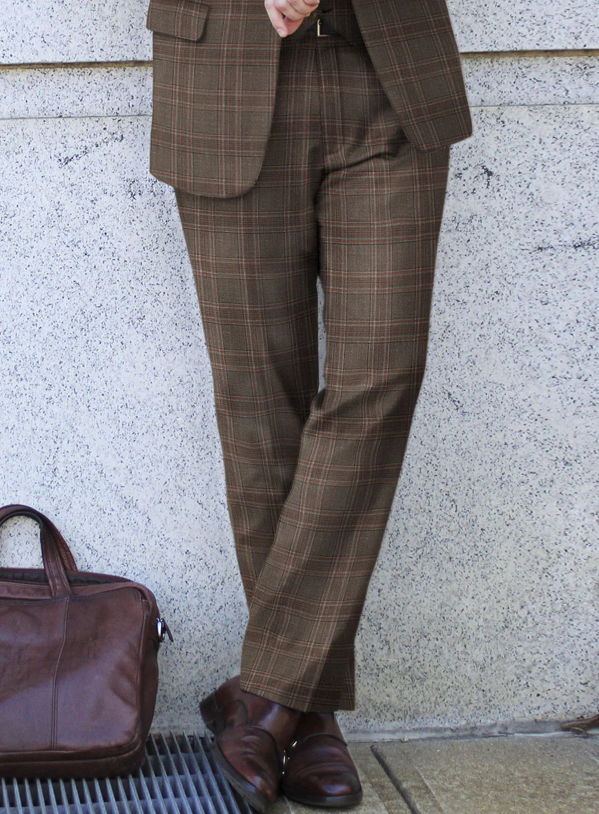 London Loom Brown Check Wool Silk Linen Pants
