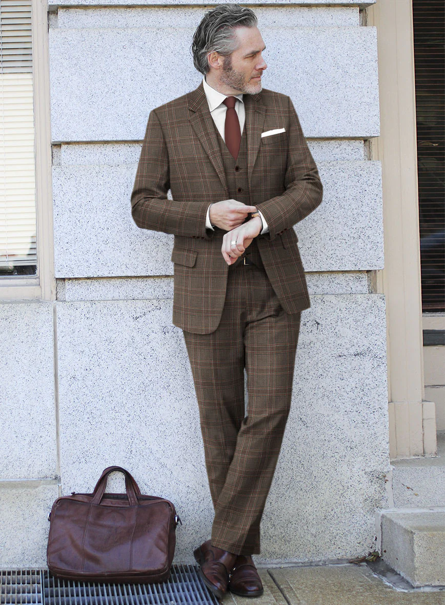 London Loom Brown Check Wool Silk Linen Suit