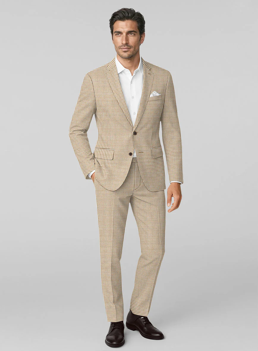 London Loom Brown Houndstooth Wool Silk Linen Suit