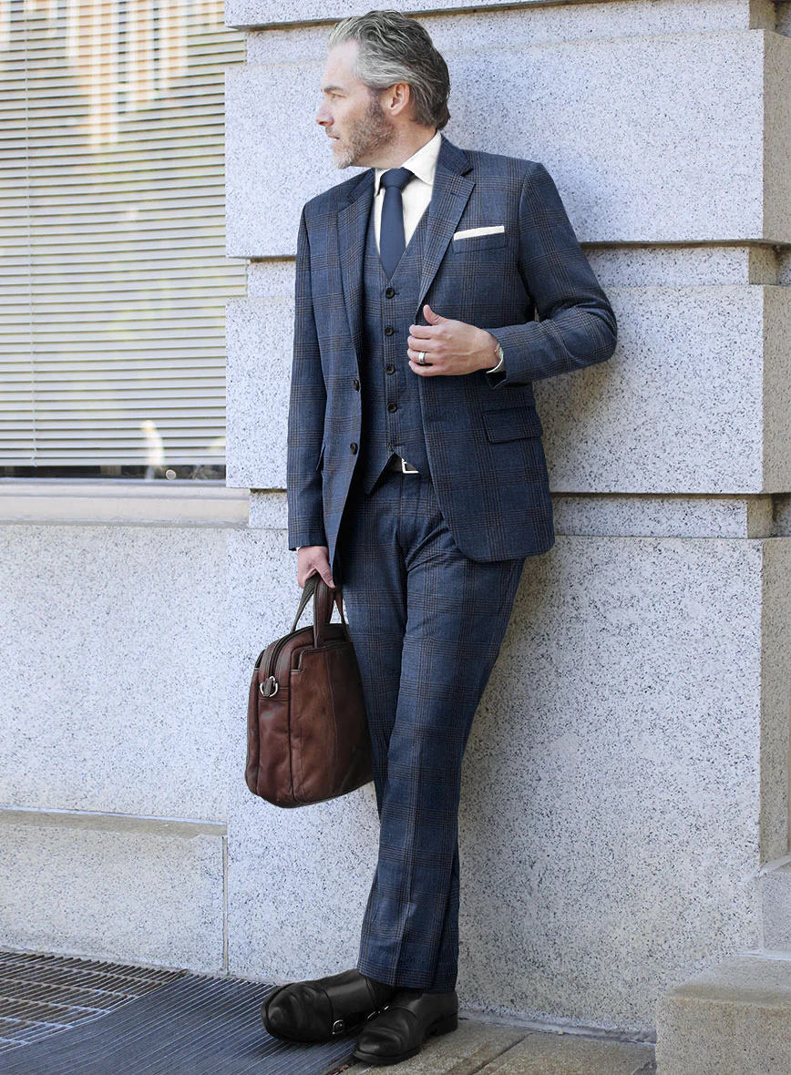 London Loom Dark Blue Check Wool Silk Linen Suit