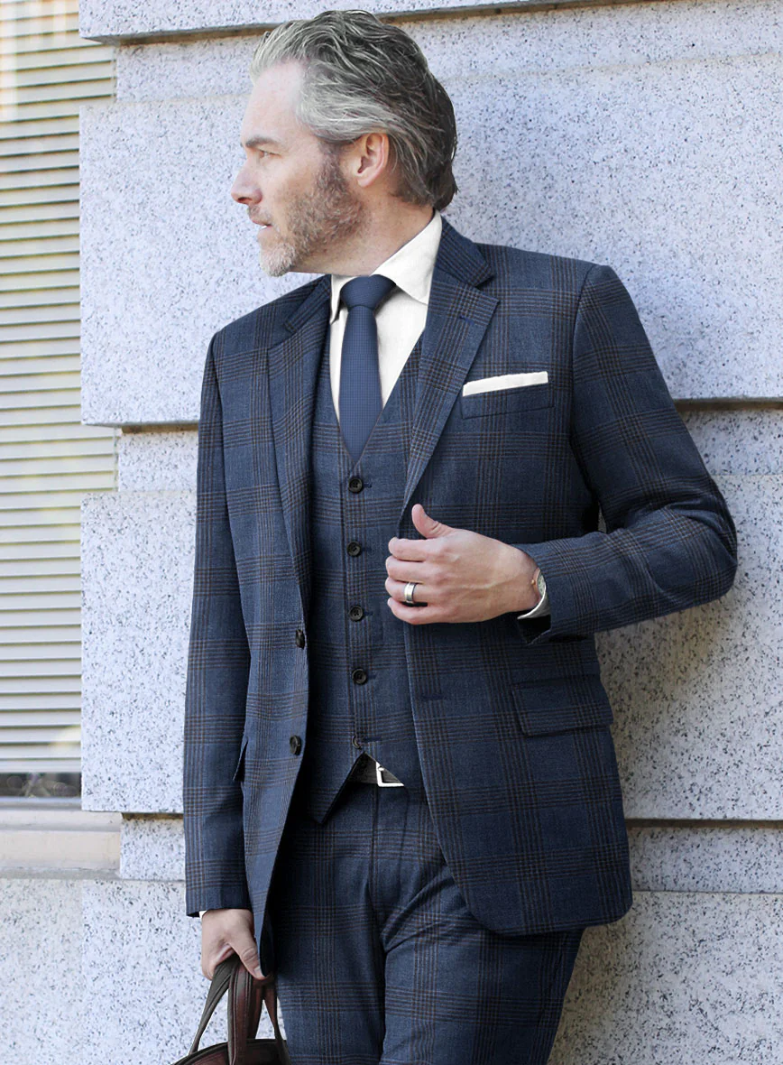 London Loom Dark Blue Check Wool Silk Linen Suit - Image 3
