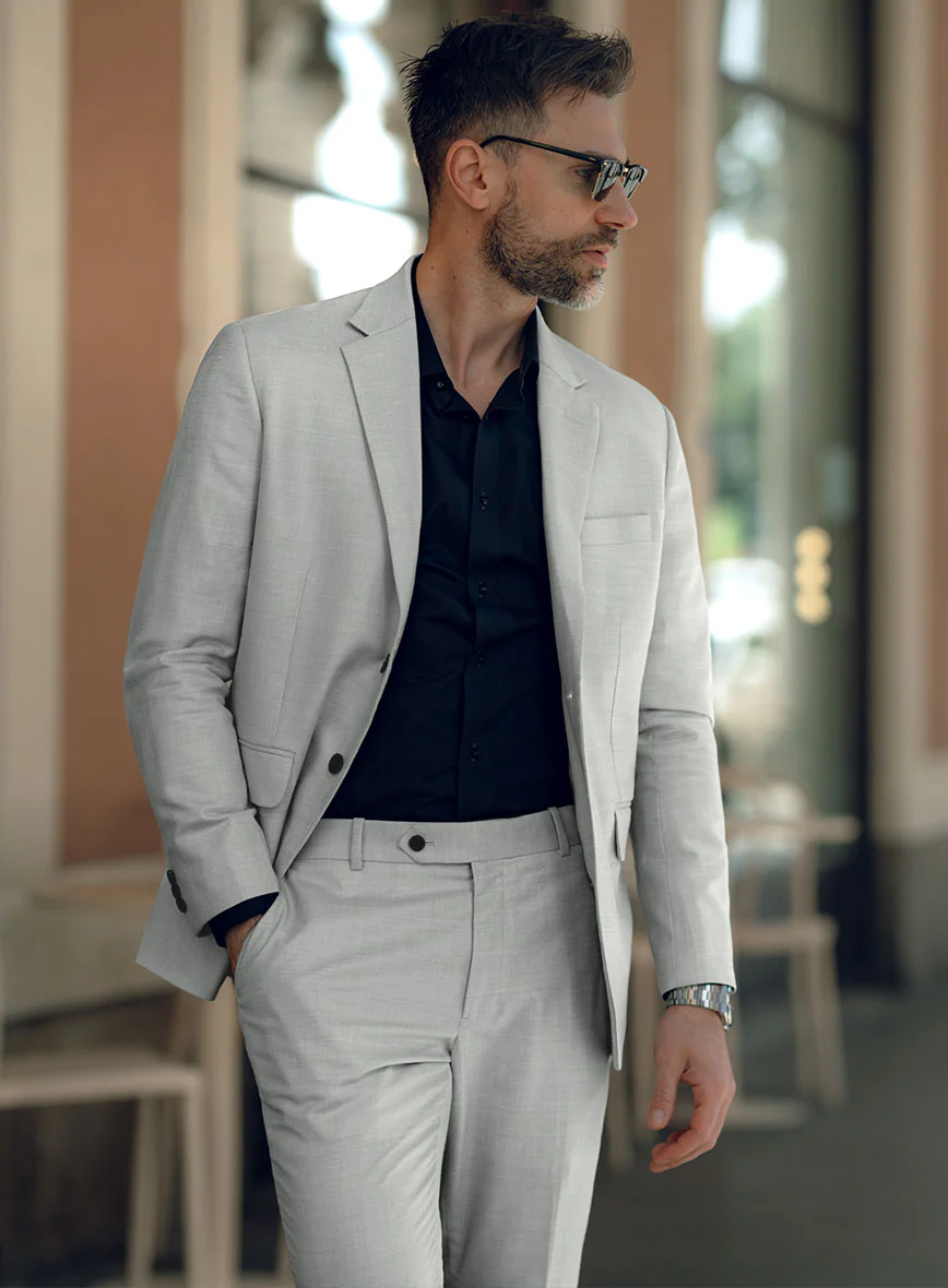London Loom Gray Herringbone Wool Silk Linen Suit - Image 6