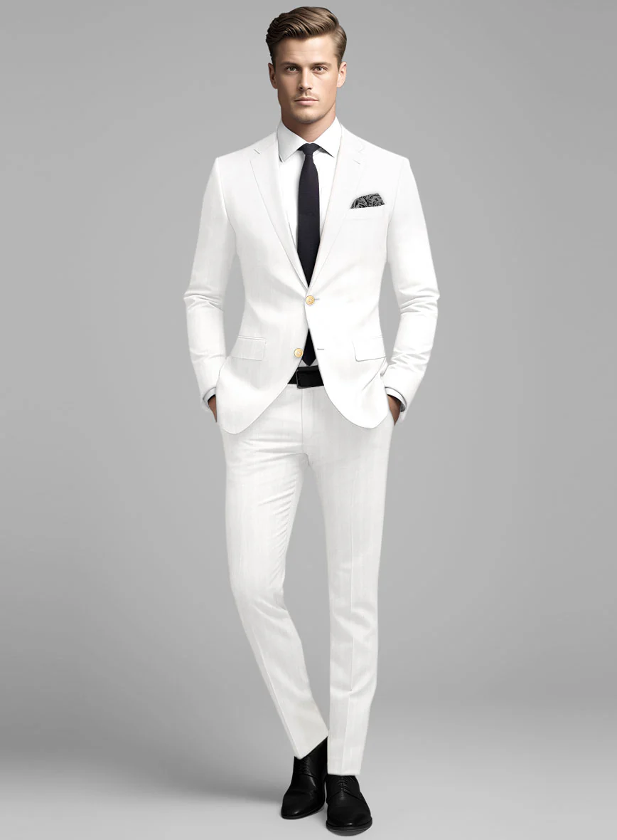 London Loom Ivory Herringbone Wool Silk Linen Suit