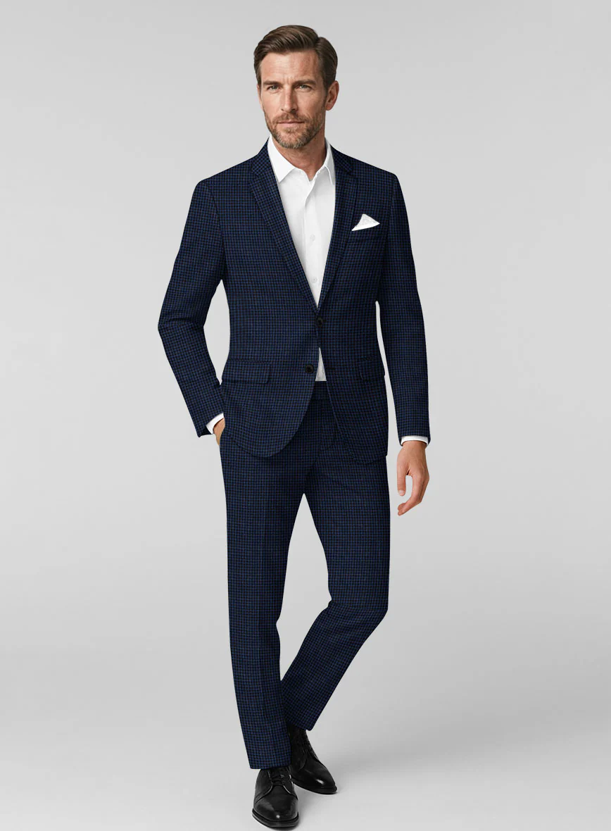 London Loom Marine Houndstooth Wool Silk Linen Suit