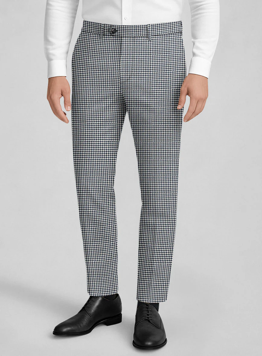 London Loom Steel Blue Houndstooth Wool Silk Linen Pants