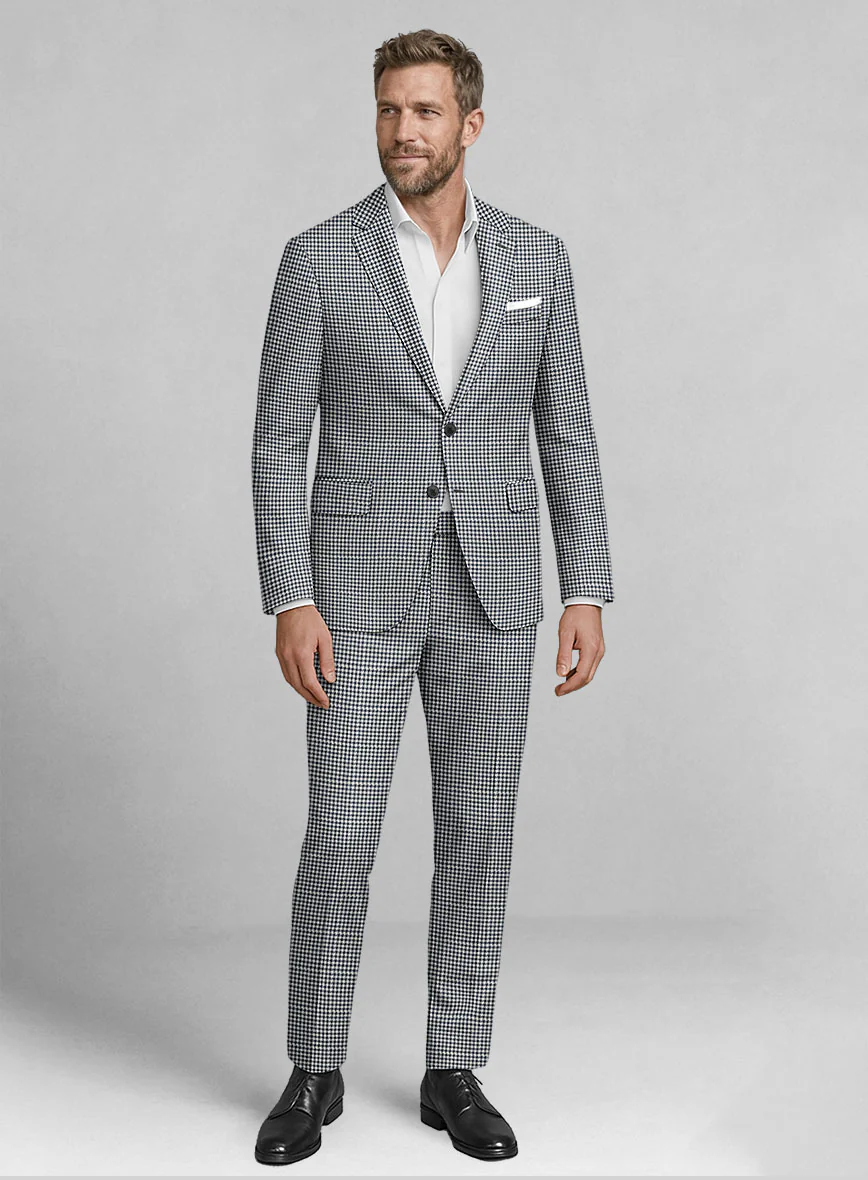 London Loom Steel Blue Houndstooth Wool Silk Linen Suit
