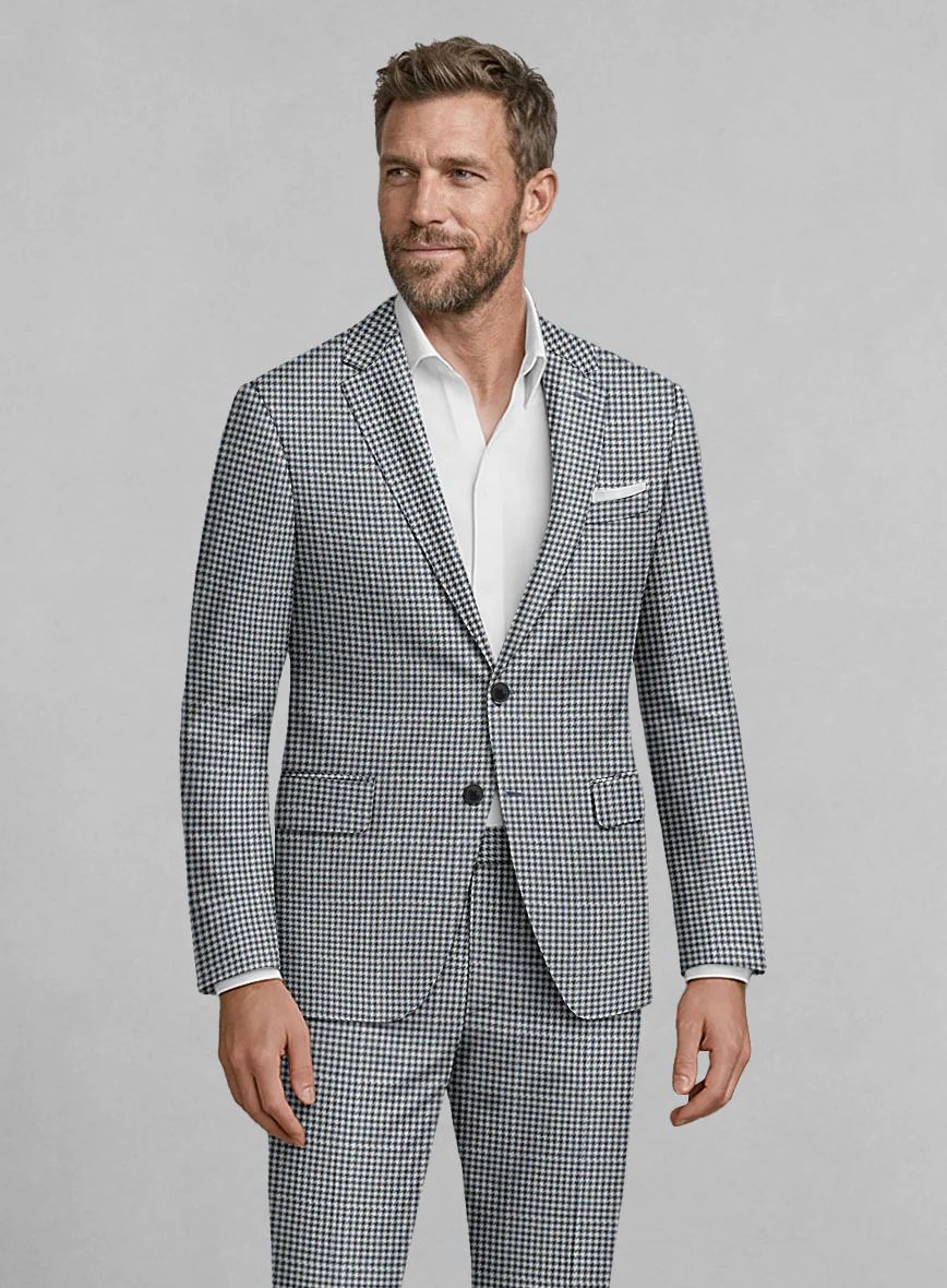 London Loom Steel Blue Houndstooth Wool Silk Linen Suit - Image 3