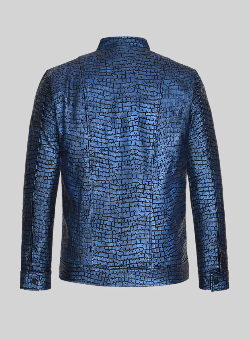 Lustrous Croc Metallic Blue Leather Jacket - Image 3