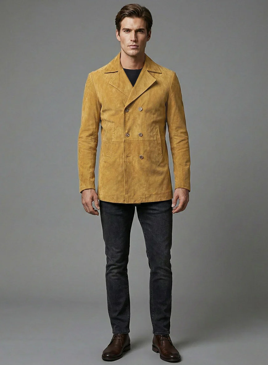 Mustard Suede Leather Pea Coat - Image 4