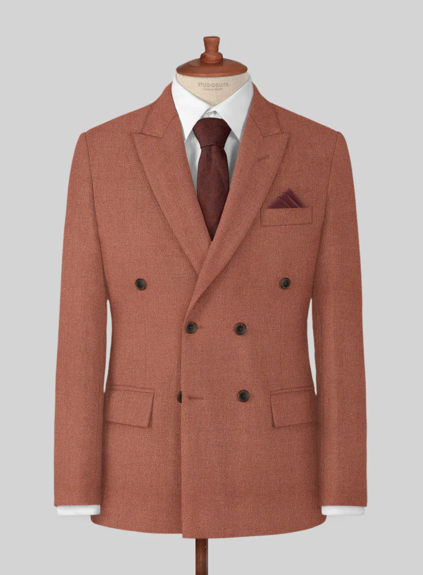 Naples Dark Salmon Pink Tweed Double Breasted Suit - Image 2