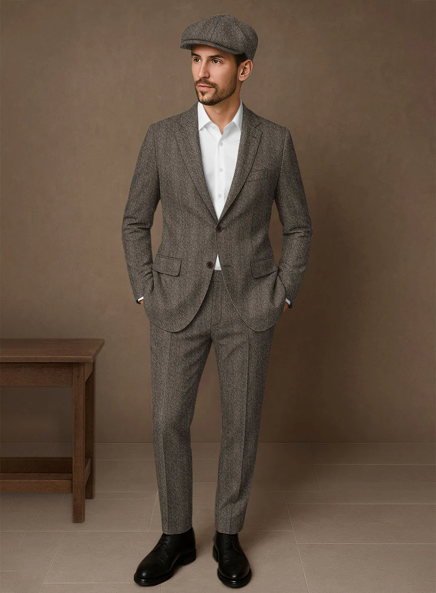 Naples Wide Herringbone Brown Tweed Suit