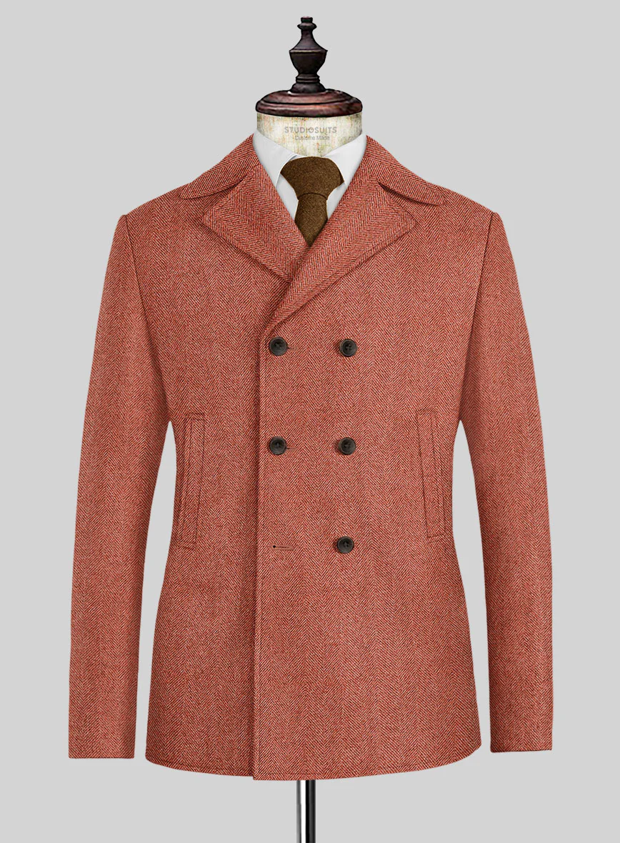 Naples Wide Herringbone Carmine Pink Tweed Pea Coat