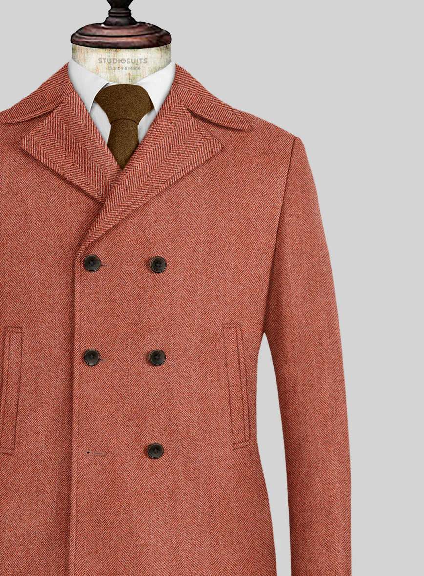 Naples Wide Herringbone Carmine Pink Tweed Pea Coat - Image 2