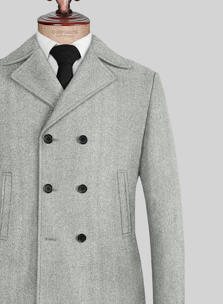 Naples Wide Herringbone Light Gray Tweed Pea Coat - Image 2