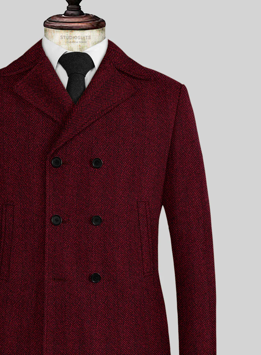 Naples Wide Herringbone Mahogany Tweed Pea Coat - Image 2