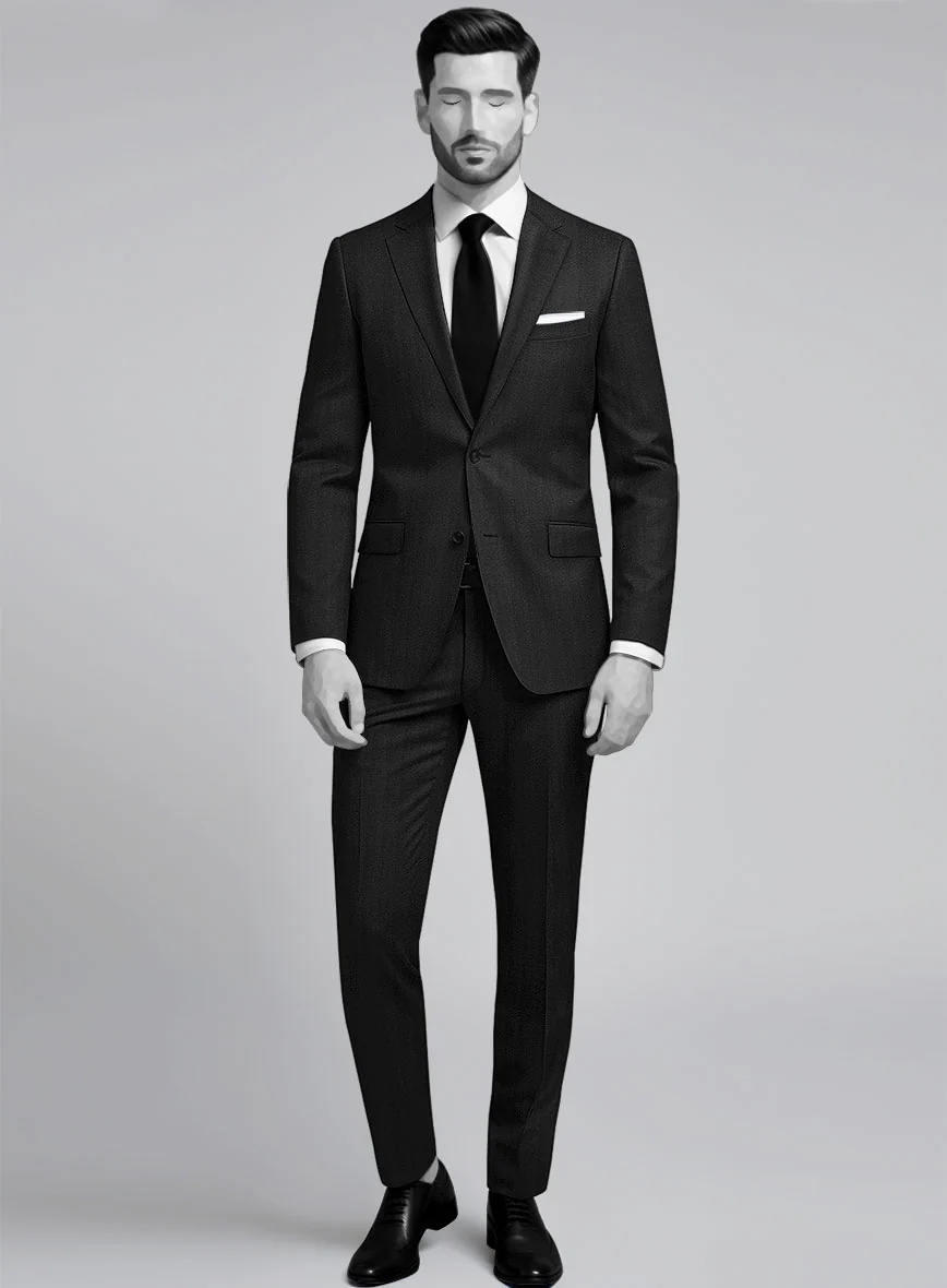 Napolean Curve Black Herringbone Wool Suit