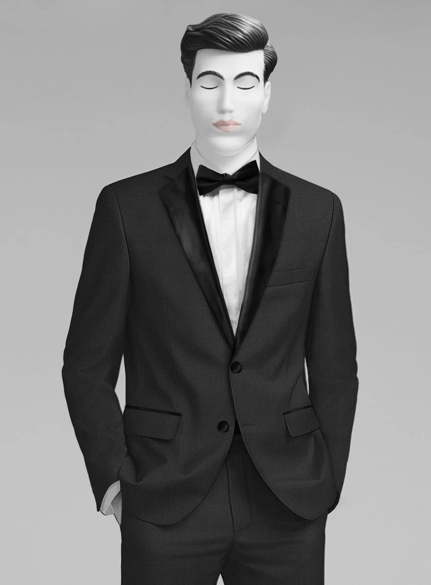 Napolean Imperial Black Herringbone Wool Tuxedo Suit - Image 4