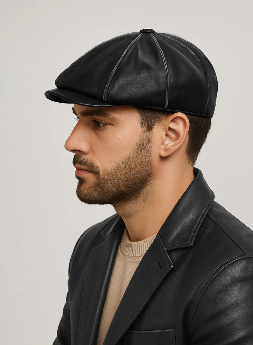 Newsboy Rubbed Black Leather Cap - Image 2