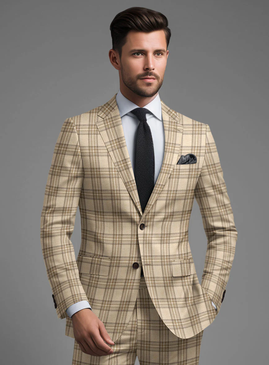 Noble Beige Check Wool Silk Linen Suit - Image 3