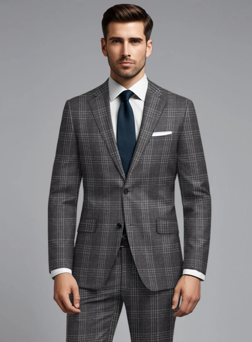 Noble Dark Gray Check Wool Silk Linen Suit - Image 3
