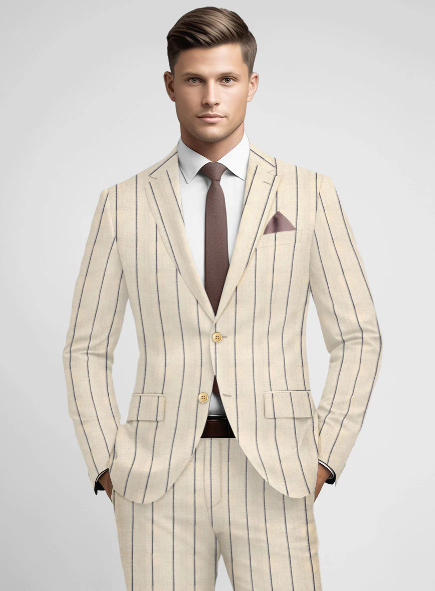 Noble Rosaria Cream Stripe Cotton Silk Linen Suit - Image 4