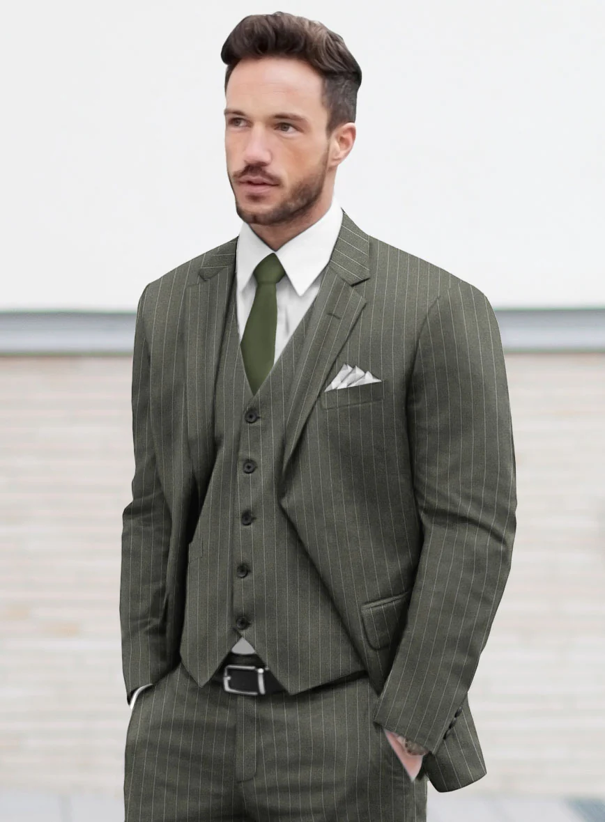 Olive Green Pinstripe Suit - Image 3