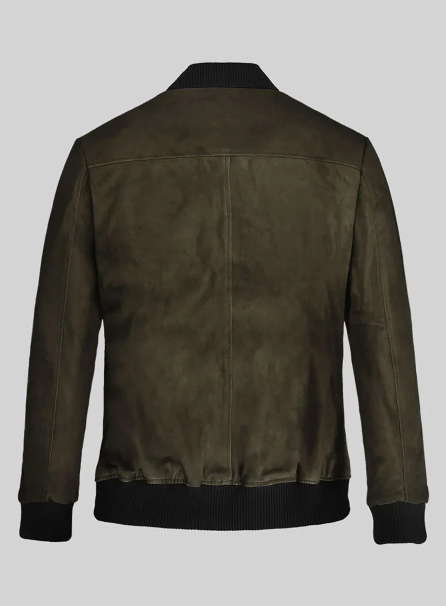 Olive Green Suede Bomber Leather Jacket - Image 2