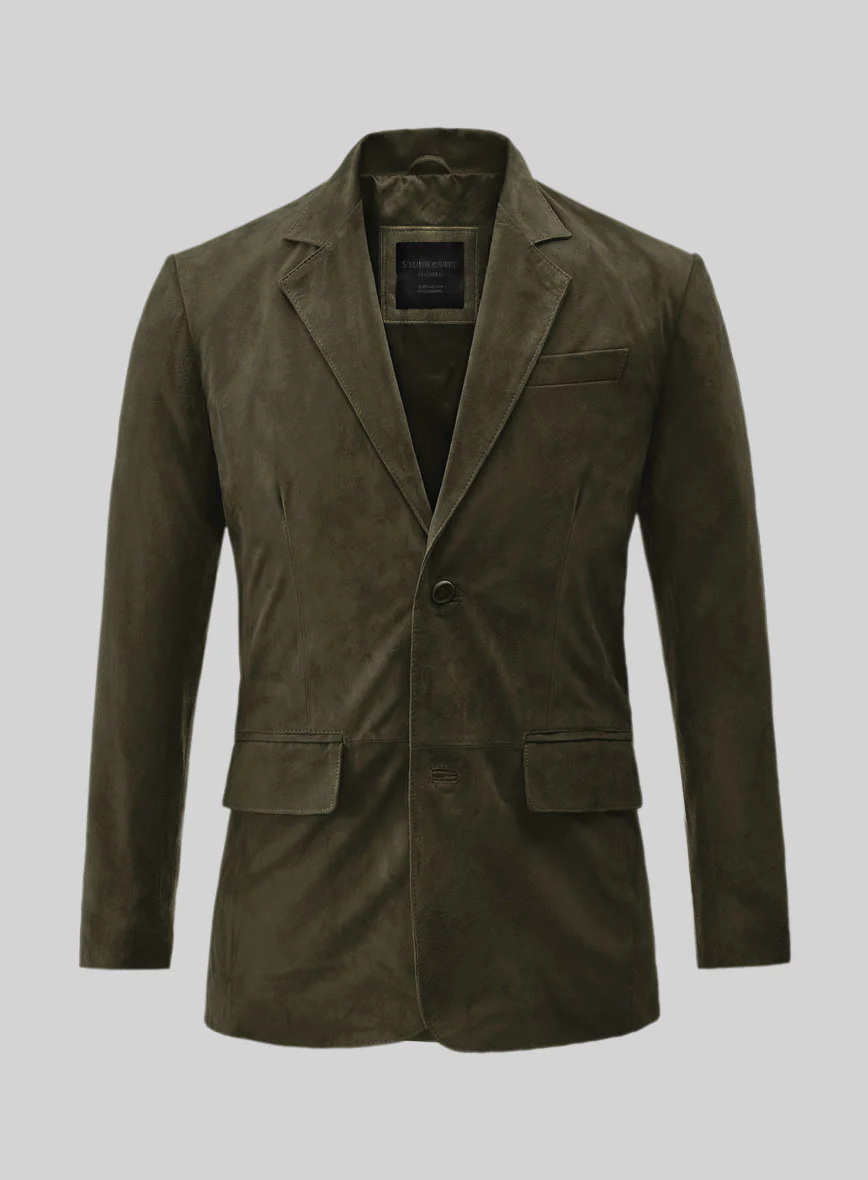 Olive Green Suede Leather Blazer