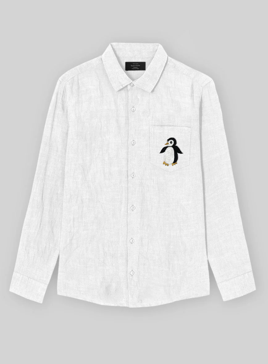 Pure White Linen Penguin Embroidered Shirt - Image 2