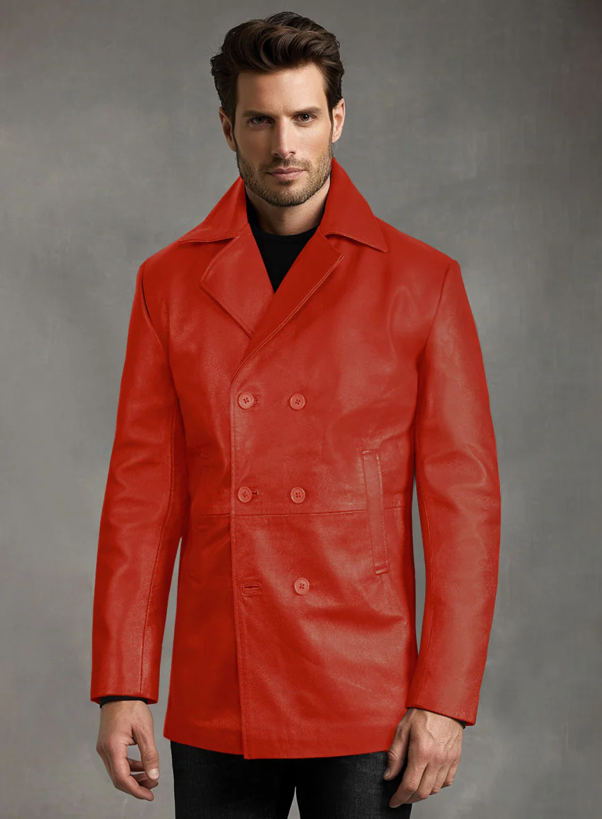 Red Leather Pea Coat - Image 3