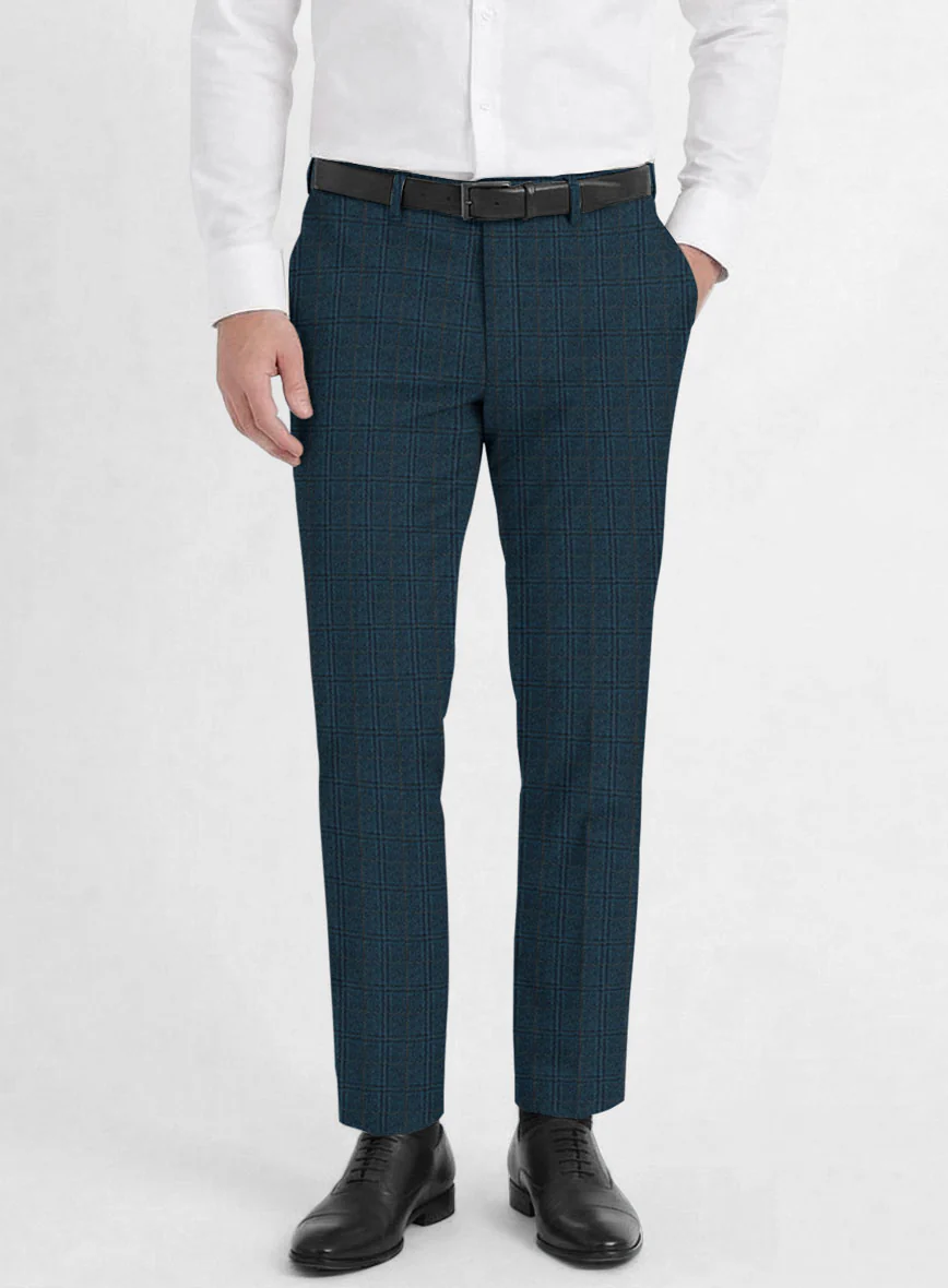 Reda Jeromi Teal Blue Checks Wool Pants