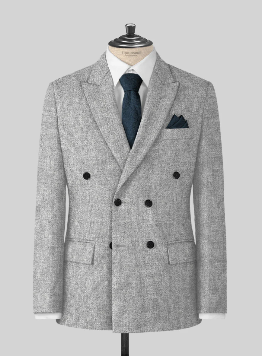 Rope Weave Light Gray Tweed Double Breasted Jacket